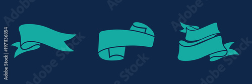 Three teal banners on a dark background. Each banner has a unique shape. Teal banners for decoration. Perfect for designs needing teal accents. Ribbon banner vector set.