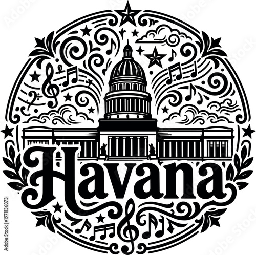 Black and white vector art havana capitol building with music notes and stars