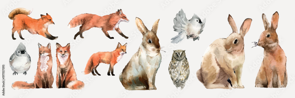 Obraz premium Watercolor animals: foxes, rabbits, owl, and birds. Foxes and rabbits in various poses. Birds and owl add charm. Nature-themed, artistic wildlife illustration. Isolated animal vector set.