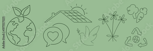 Eco-friendly icons on a green background, featuring Earth, solar energy, recycling, and nature symbols like trees and flowers, promoting sustainability and green living. Line art vector set.