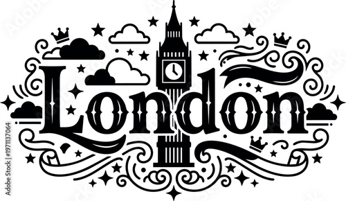 Black and white calligraphic london lettering with big ben and decorative swirls
