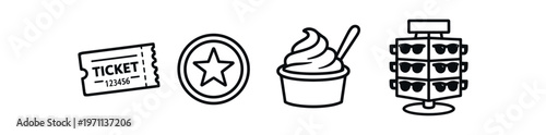 Ticket, star, frozen yogurt and sunglasses icon set. ticket, coupon, admission, reward, badge. dessert, ice cream, cup, spoon, frozen yogurt. eyewear, display, rack, retail, fashion. 