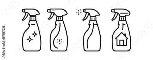 Spray bottle icon set. cleaner, spray, disinfectant, household, surface spray, trigger bottle, sanitizer. line, flat and colored vector icon set.
