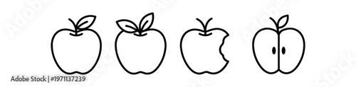 Apple icon set. apple, fruit, snack, healthy food, bite, half, core. line and flat vector illustration.
