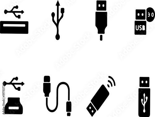 USB connection icons set, universal serial bus port and cable symbols, black hardware interface vector elements for computer technology