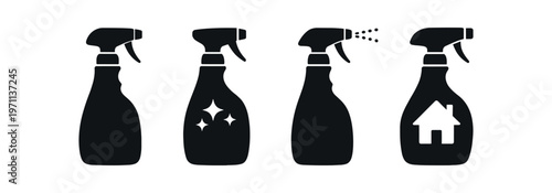 Spray bottle icon set. cleaner, trigger bottle, home disinfectant, spray action and sparkle symbols. line, flat and colored vector icon set.