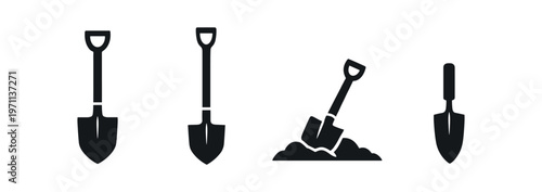 Garden shovel icon set. solid spade, digging into soil, hand trowel and planting tool silhouettes. line, flat and colored vector icon set.