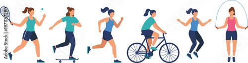 Vector illustration of people doing sports and fitness activities including tennis, skateboarding, running and cycling