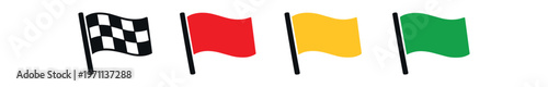 Colored flag icon set. checkered, red, yellow, green racing flags, signal, finish, warning, course, safety. line, flat and colored vector icon set.