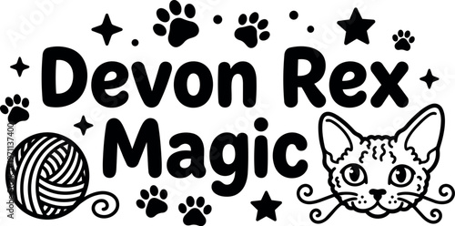 Devon rex magic text with cat face and yarn ball line art vector