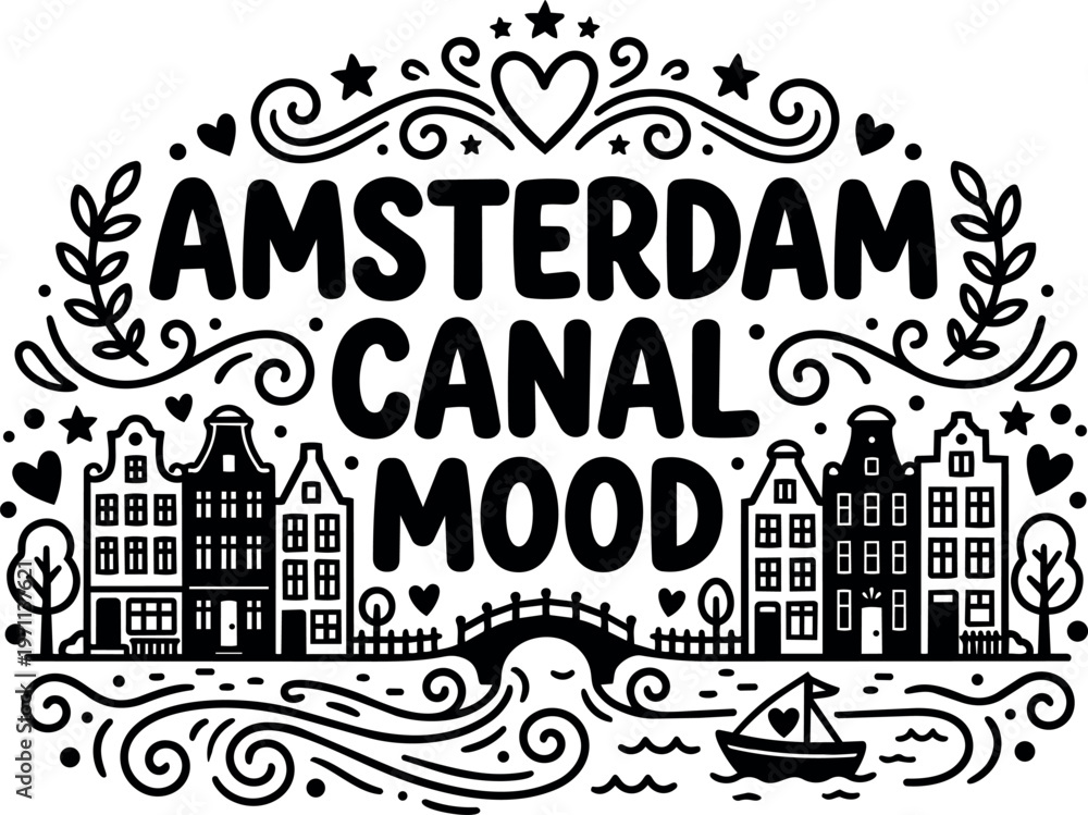 Obraz premium Amsterdam canal mood with classic houses boat and ornamental swirls black and white vector art