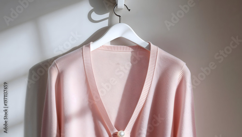 Blush pink cashmere cardigan hanging on minimalist white hook featuring pearl buttons and intricate stitching under sophisticated light highlighting airy fibers generative AI