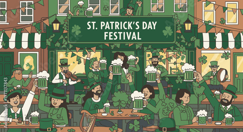 Illustration of people celebrating St. Patrick's Day in a festive pub with green decorations and a banner.