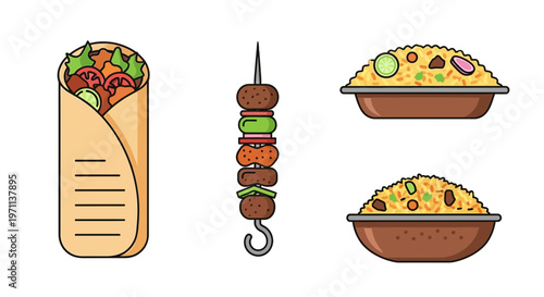 Halal Food Vector Illustration Set Featuring Kebab, Shawarma Wrap, and Biryani Rice in Flat Line Art Style Isolated on White Background.