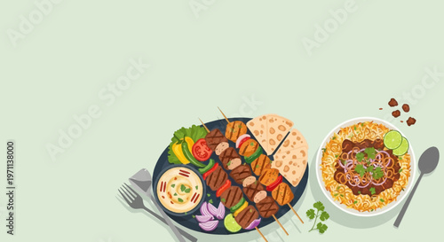 Middle Eastern Food Vector Illustration with Beef and Chicken Kebab, Biryani Rice, Hummus, and Pita Bread on Green Background