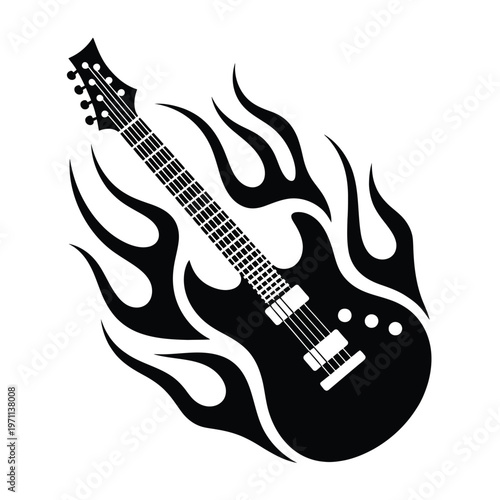 Fiery electric guitar rock music design featuring a dynamic guitar engulfed in flames, expressive energy, and bold visual elements, crafted in a vibrant vector style suitable for band branding,