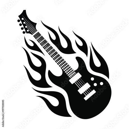 Fiery electric guitar rock music design showcasing a guitar with flame effects and intense rock aesthetics, presented in a powerful illustration style ideal for album covers, event flyers