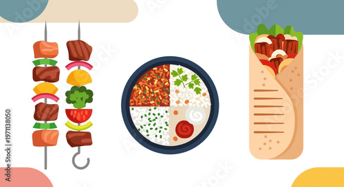 Halal Food Vector Illustration Set Featuring Meat Skewers, Middle Eastern Rice Platter, and Beef Shawarma Wrap in Flat Design Style