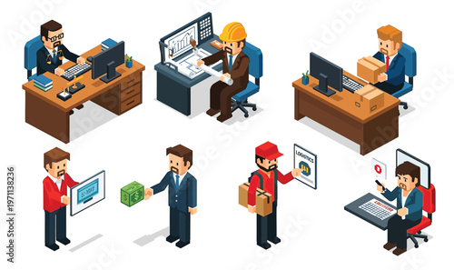 Cute isometric business characters working, selling, presenting, shipping, and customer service scenes