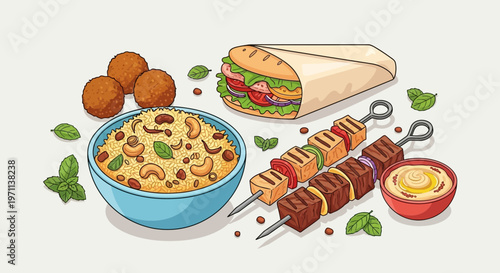 Middle Eastern Food Set Illustration with Shawarma Kebab Rice and Falafel