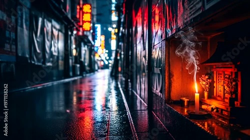 Rainy Night Alley with Neon Lights and Candle Shrine.