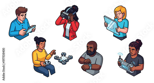 People using modern technology devices including VR drone tablet smartwatch remote controller