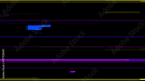 Abstract digital glitch video overlay texture with neon purple, blue, and yellow horizontal tracking lines on a black background.