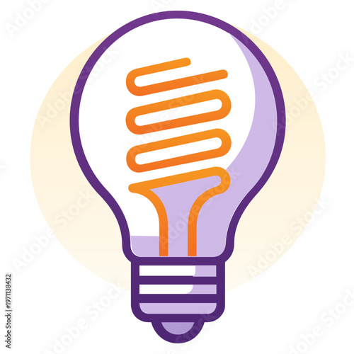 CFL Energy Saving Light Bulb Vector Icon for Sustainability and Innovation. A stylized vector illustration of an energy-efficient spiral light bulb (CFL) in purple and orange tones. The design feature