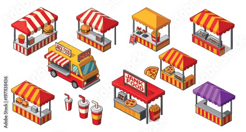 Isometric fast food stalls collection with colorful street vendor booths and truck