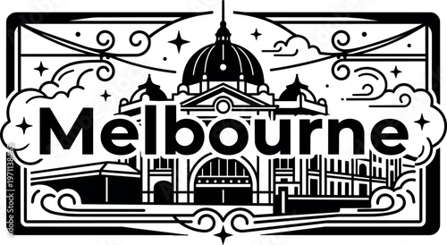 Black and white melbourne cityscape with stylized clouds and stars vector art