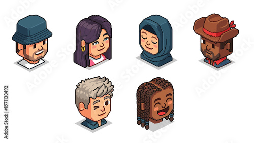 Portraits and avatars of people, male and female expressing emotions. Laughter and joy, smile and calmness. Diversity of personages, multiethnic society. Cartoon characters, vector isometric pixel
