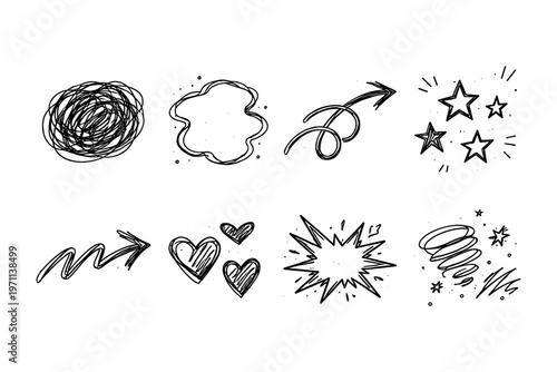 Collection of hand-drawn doodle elements including arrows, hearts, stars, and abstract shapes