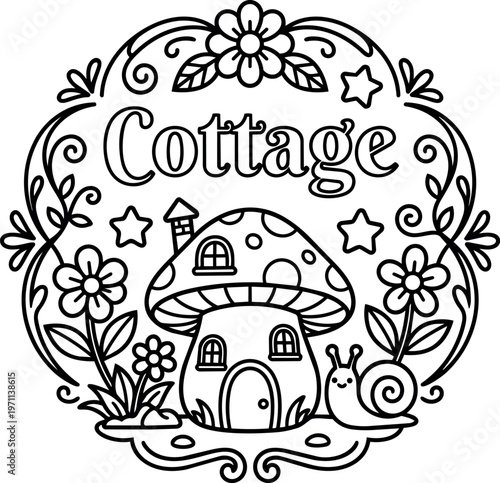 Black and white line art mushroom cottage with flowers and snail surrounded by floral frame