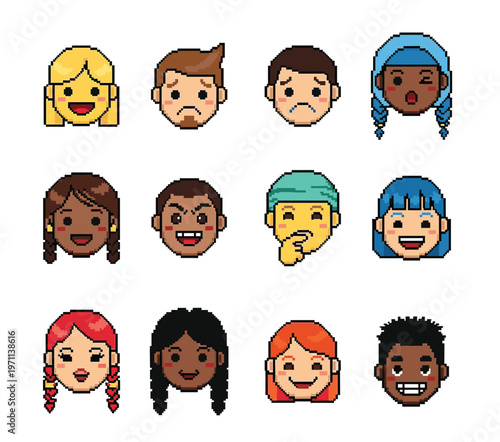 Portraits and avatars of people, male and female expressing emotions. Laughter and joy, smile and calmness. Diversity of personages, multiethnic society. Cartoon characters, vector in flat style