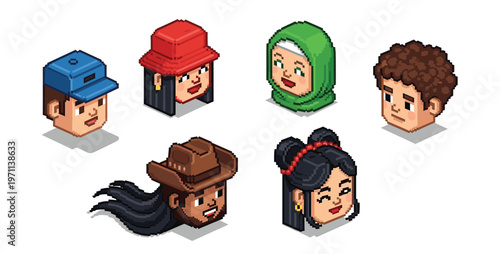 Portraits and avatars of people, male and female expressing emotions. Laughter and joy, smile and calmness. Diversity of personages, multiethnic society. Cartoon characters, vector isometric pixel