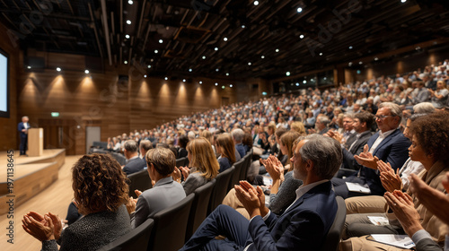  Corporate townhall event with employees applauding leadership in a modern office.
