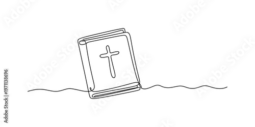 A single continuous line drawing of a closed holy bible book featuring a simple christian cross. Vector, illustration