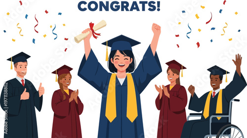 Diverse group of happy graduates celebrating academic achievement with.