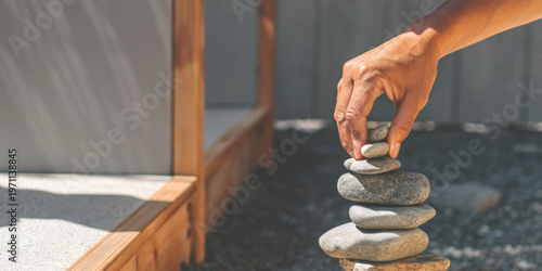 Photography Life balance and security in life with hands arranging stones with mental balanc