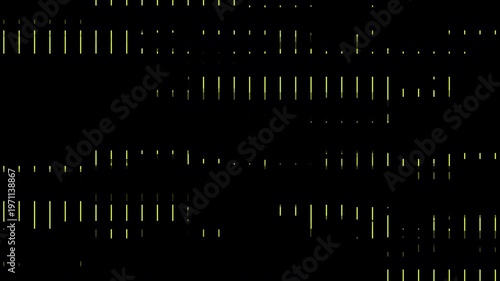 Abstract digital glitch video overlay texture with thin segmented yellow vertical lines on a black background.