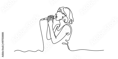 Continuous single line drawing of a woman singing into a microphone with elegant minimalist style Vector, illustration