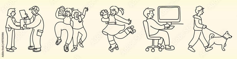 Fototapeta premium Line art of diverse people: a couple exchanging gifts, friends dancing, a girl roller skating, a person at a computer, and a person walking a dog. Doodle vector set.