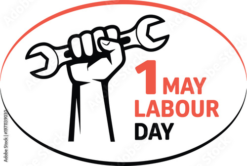 International Labour Day poster with fist holding wrench tool, 1 May worker holiday celebration, vector