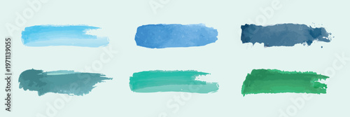 Six watercolor brush strokes in shades of blue and green. Blue and green strokes vary in texture and intensity. Artistic blue and green watercolor design. Element vector set.
