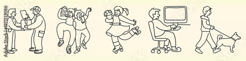 Line art of diverse people: a couple exchanging gifts, friends dancing, a girl roller skating, a person at a computer, and a person walking a dog. Doodle vector set.