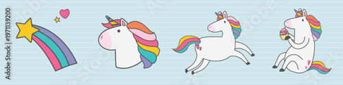 Cute unicorns with rainbow manes and tails. Unicorns in various poses: headshot, running, and eating a cupcake. Whimsical rainbow and star add charm. Cute illustrations, vector set.
