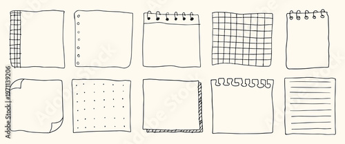 Collection of hand-drawn notebook pages. Various notebook styles: lined, grid, plain. Sketchy notebook pages for creative designs. Notebook variety for notes. Hand drawn illustrations, vector set.