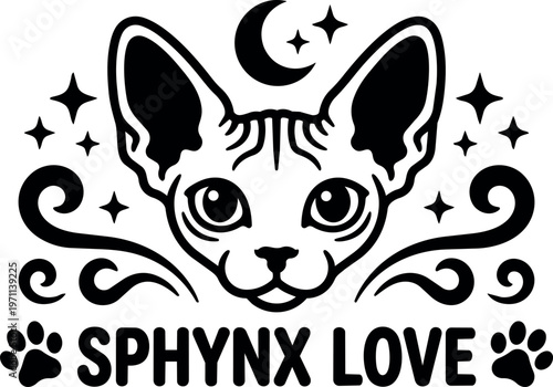 Black and white sphynx cat face with crescent moon and stars with sphynx love text