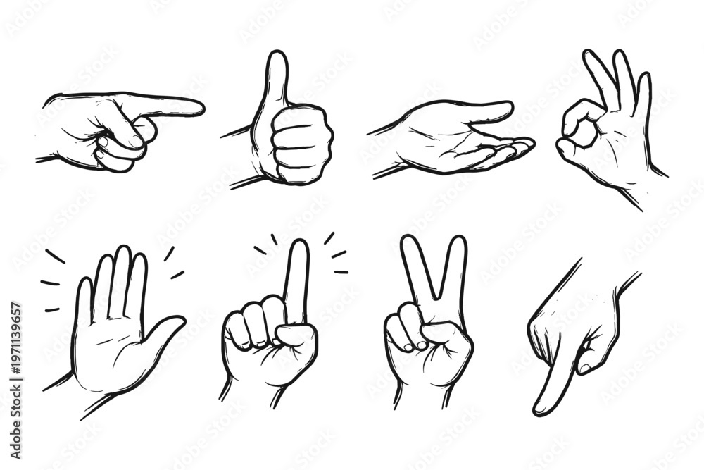 Fototapeta premium Collection of hand gestures drawn in a simple sketch style, conveying various meanings