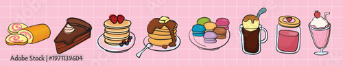 Colorful desserts on a pink background. Desserts include pancakes, cakes, and ice cream. Sweet treats, delicious desserts, and tasty sweets displayed. Isolated vector element set.